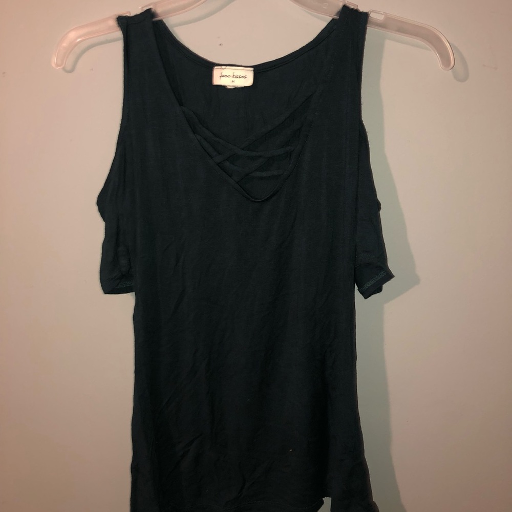 dark green open shoulder shirt